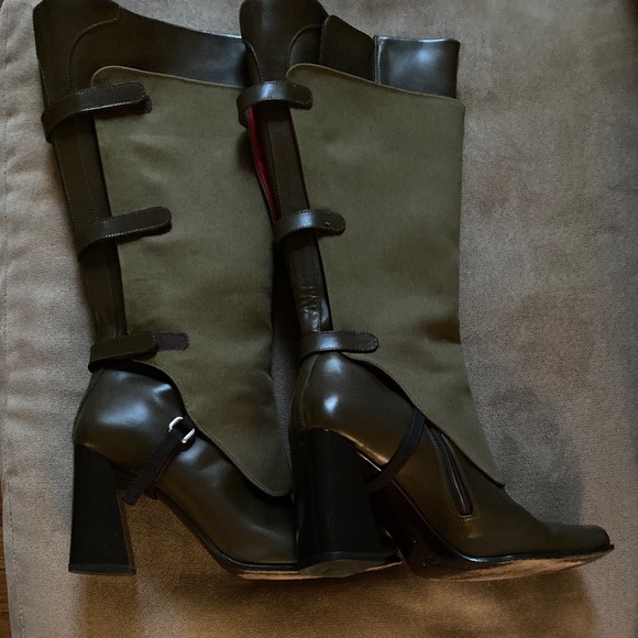 Prada Boots /Genuine Leather/ Khaki Green /Size 11 B width and 3.5 Inch Heal - Picture 7 of 11